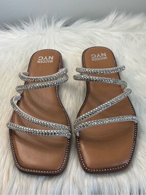 Madden NYC Silver Crystal Strappy Slide Sandals